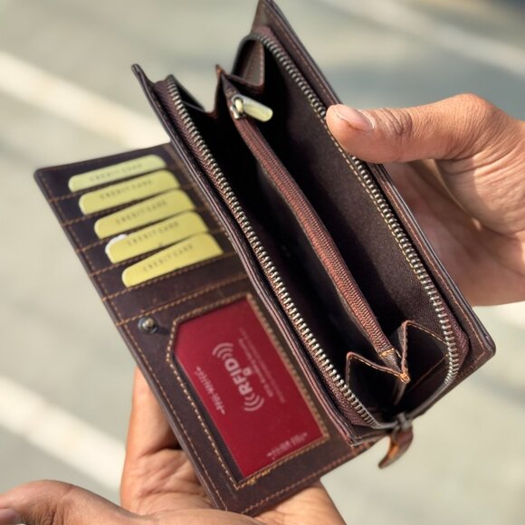 Men's Long Wallet with Chain Real Genuine Leather RFID Biker Trucker Wallet - Picture 3 of 9